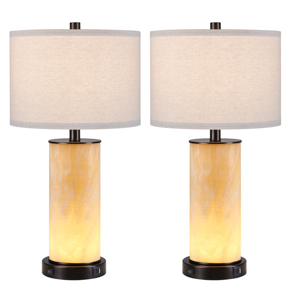 Kawoti Natural Marble Bedside Table Lamp Set with Night Light(Bulbs ...